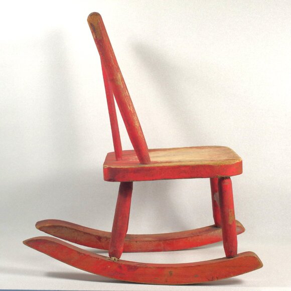 Vintage Doll Rocking Chair 14.5" Tall Red Yellow Wood Chair Primitive Folk Art - Picture 2 of 9